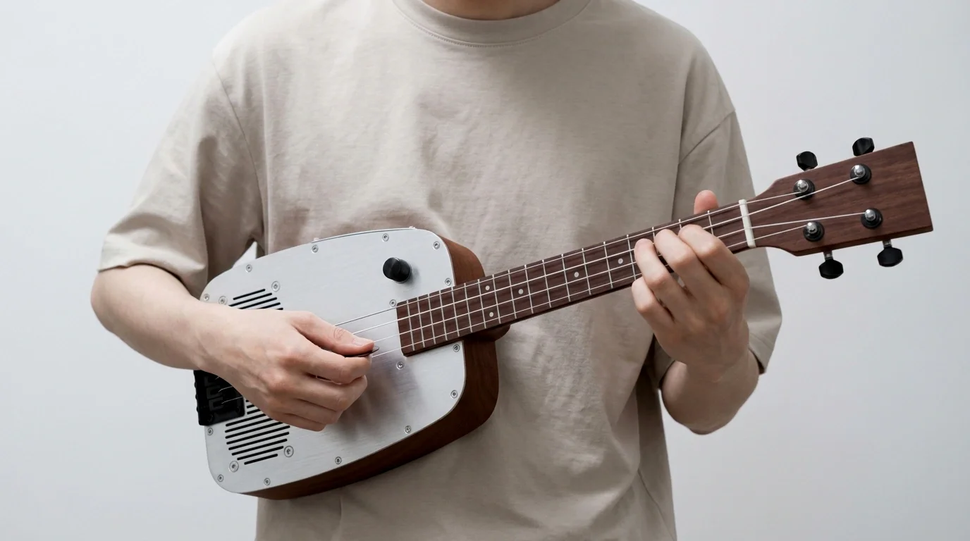 A musician playing the Mekani WAO against a light grey wall
