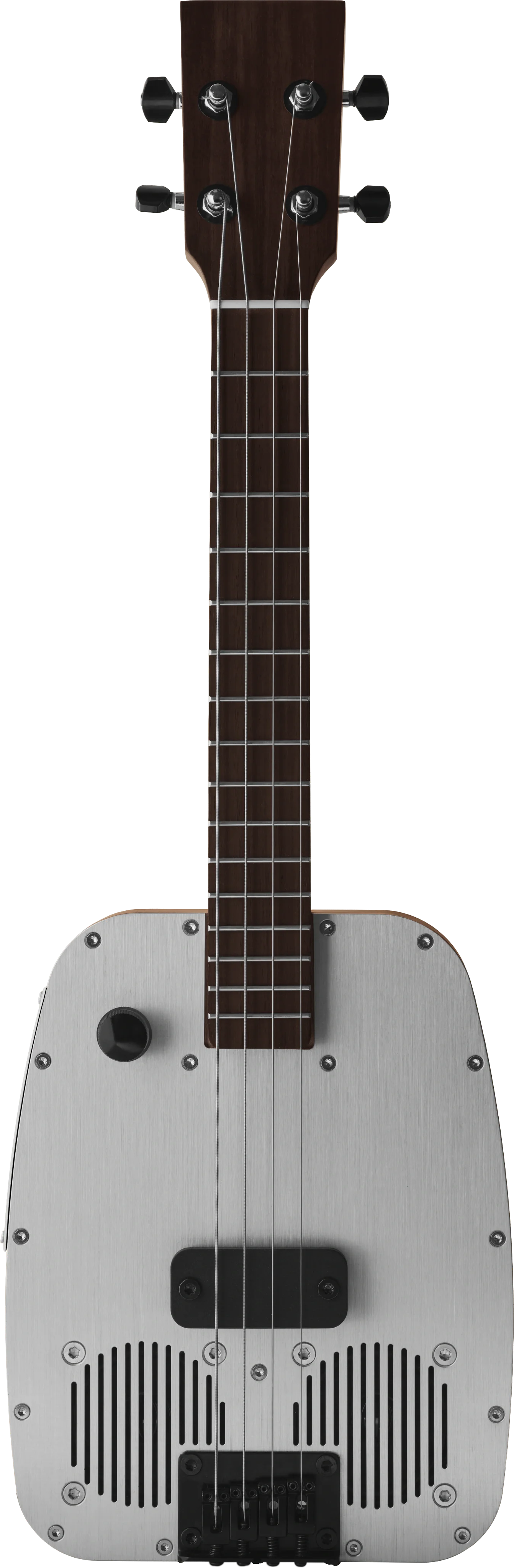 Mekani WAO electric tenor ukulele, front view with a brushed aluminum face, twin speaker grilles and a control knob