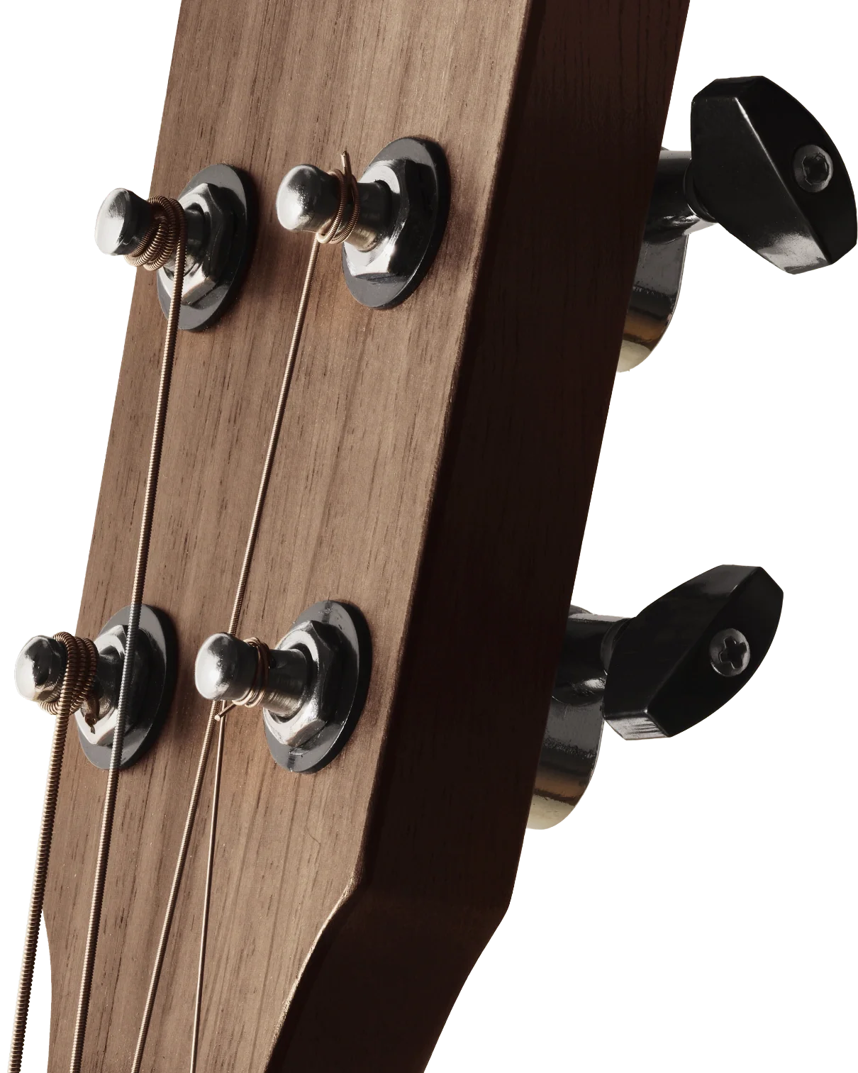 Close-up of the Mekani WAO walnut headstock with chrome tuning pegs